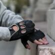 Men's deerskin leather fingerless gloves BLACK(WHITE)