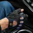 Men's deerskin leather fingerless gloves BLACK(BLUE)