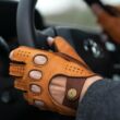 Men's deerskin leather fingerless gloves COGNAK-BROWN