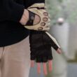 Men's hairsheep leather fingerless gloves BEIGE-BROWN