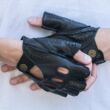 Men's hairsheep leather fingerless gloves BLACK