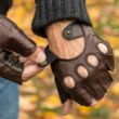 Men's hairsheep leather fingerless gloves BROWN-BLACK