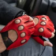 Men's hairsheep leather fingerless gloves RED-BLACK