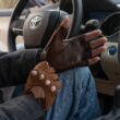 Men's hairsheep suede-nappa leather fingerless gloves BROWN