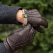 Men's deerskin leather gloves with wool lining DARK BROWN