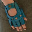 Women's hairsheep leather fingerless gloves AZURE-BLACK