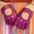 Women's hairsheep leather fingerless gloves BERRY-BLACK