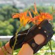 Women's deerskin leather fingerless gloves BLACK(RED)