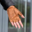 Women's deerskin leather fingerless gloves COGNAC