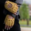Women's deerskin leather fingerless gloves GOLD