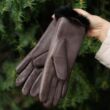 Women's hairsheep leather gloves lined with rabbit fur BROWN