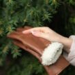 Women's hairsheep leather gloves lined with lamb fur COGNAC