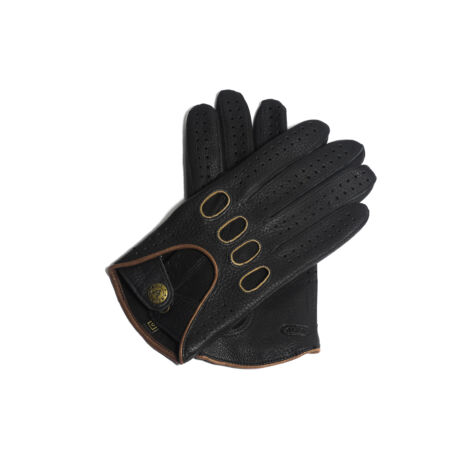 Men's Two-Tone Unlined Leather Driving Gloves in Blue and Black 