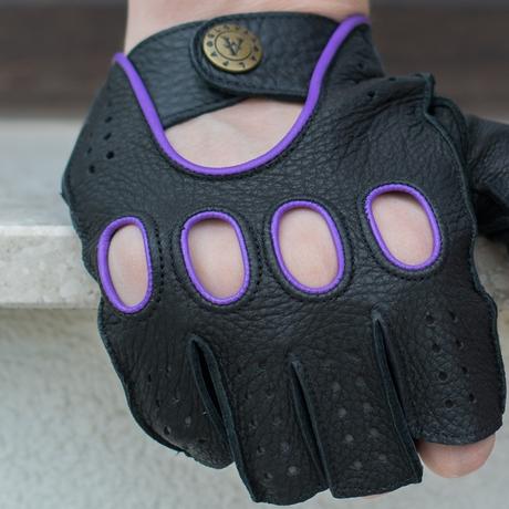 purple leather fingerless gloves