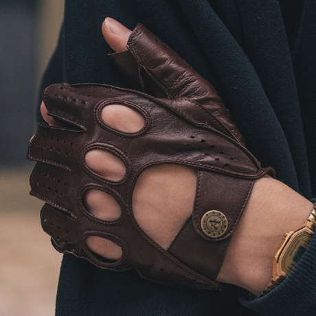 leather fingerless gloves brown