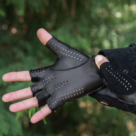 Men's hairsheep suede-nappa leather fingerless gloves BLACK
