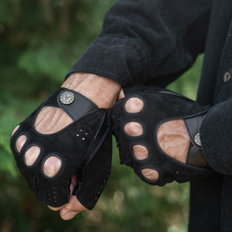 Men\'s hairsheep suede-nappa leather fingerless BLACK BLACK: gloves 1-A1C-23-1