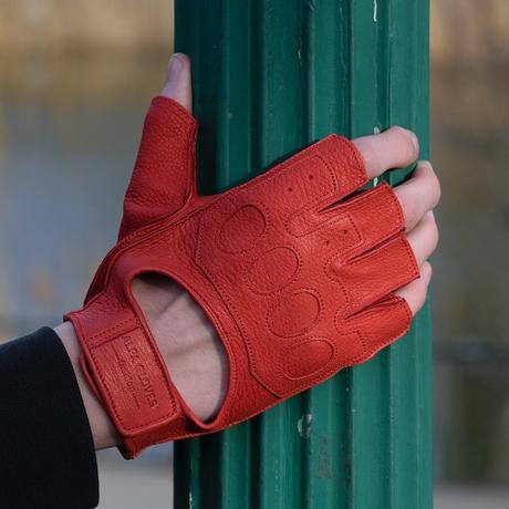 red leather fingerless gloves