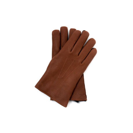 Men's deerskin leather gloves lined with rabbit fur WALNUT