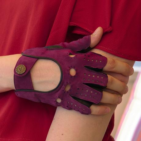 Two Tones Fingerless Leather Gloves, Driving Gloves - Lavender and Black Color - Italian Lambskin Leather