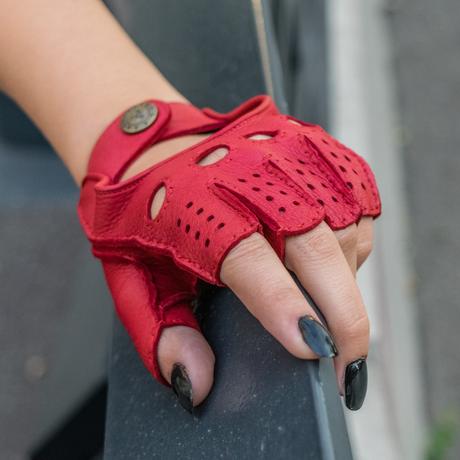 red leather fingerless gloves