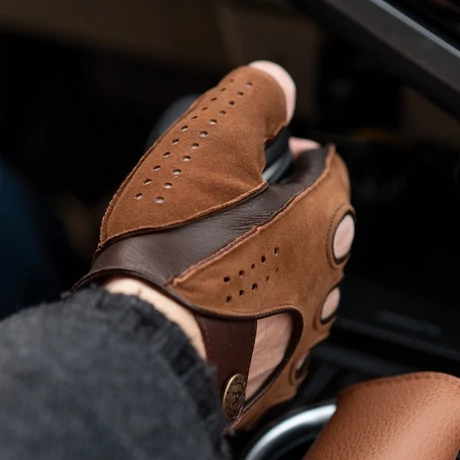 Men's selling FINGERLESS Gloves - BROWN - hairsheep suede-nappa leather