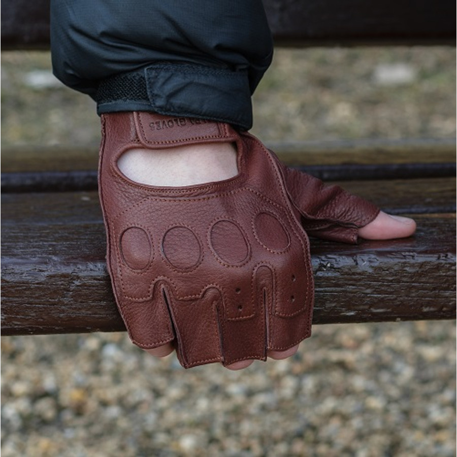 Men's deerskin leather fingerless gloves BROWN Driving